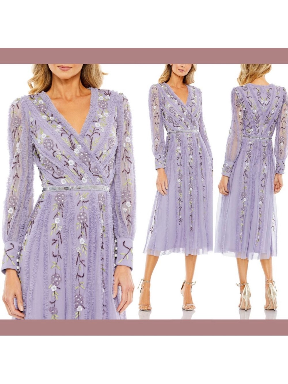 Mac Duggal Lavender Embroidered Long Sleeve Midi Dress